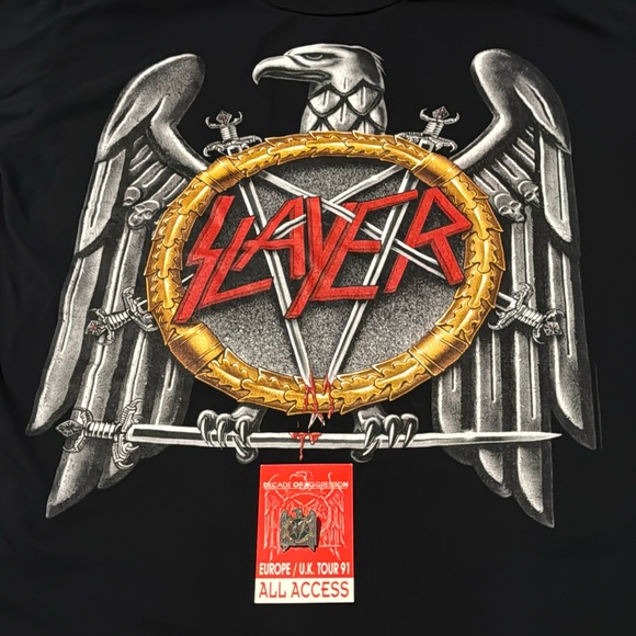 SLAYER t-shirt w/ Decade of Aggression Tour 1991 pass & SLAYER pin! Slayer lot!! - Picture 2 of 10